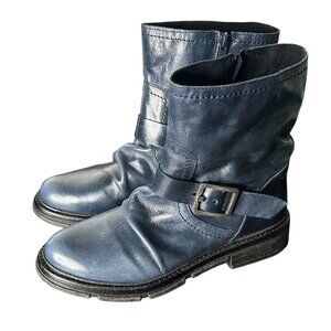 Miz Mooz Holdyn Women’s Navy Blue Leather Moto Boots EU 39, US 8.5 Side Zip Boho